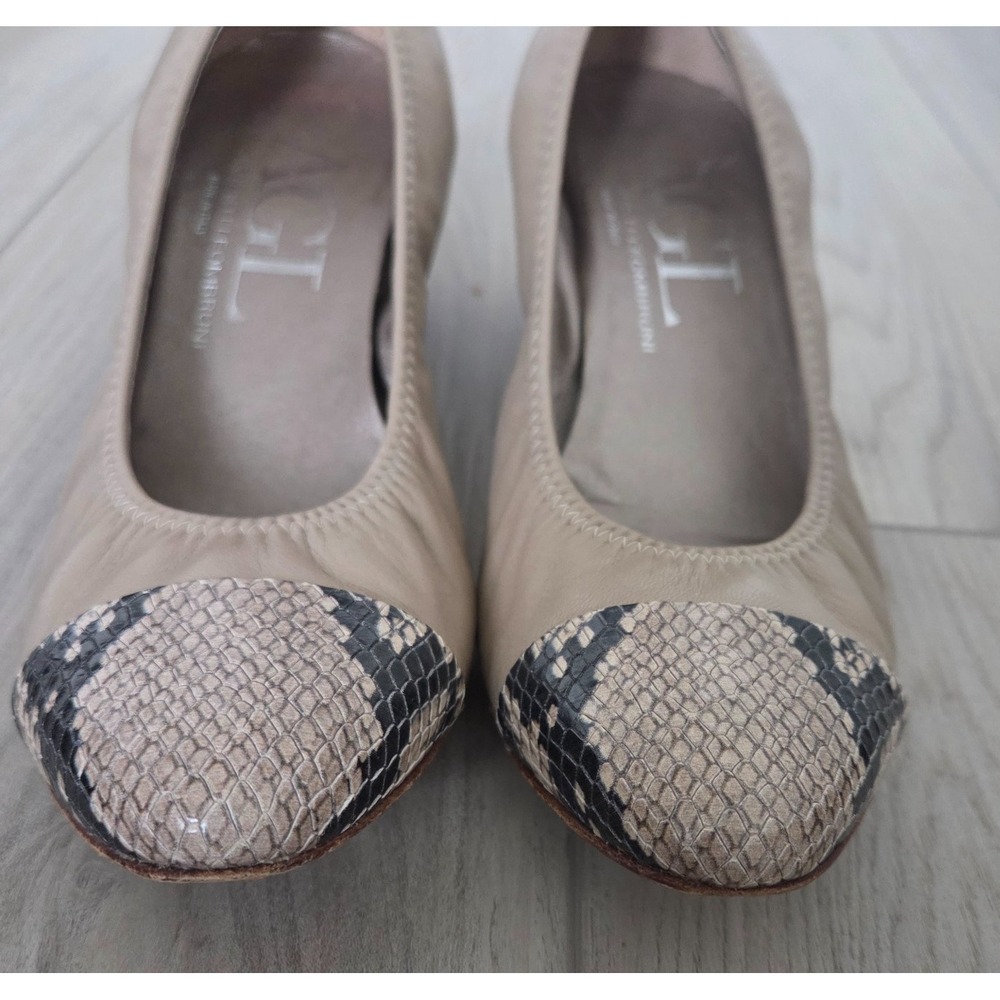 AGL Attilio Giusti Leombruni Snakeskin Cap Toe Pumps Block Heels Taupe 9/9.5 US - Picture 4 of 7